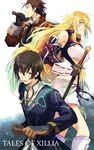  2boys alvin_(tales) aotsuki_ren black_hair blonde_hair brown_eyes brown_hair copyright_name gloves jude_mathis long_hair milla_maxwell multiple_boys scarf smile sword tales_of_(series) tales_of_xillia weapon yellow_eyes 