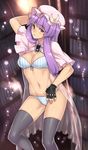  :&lt; arm_up black_legwear blush bra breasts cleavage crescent fingerless_gloves gloves hat highres houtengeki lingerie long_hair looking_at_viewer medium_breasts navel nightgown open_clothes panties patchouli_knowledge purple_eyes purple_hair solo striped striped_bra striped_panties thighhighs toned touhou underwear 