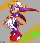  avian bandanna beak bird blue_eyes clothing eyewear female gen8hedgehog gloves grey_background half-closed_eyes japanese_text multicolored_clothing pants plain_background purple purple_body sega solo sonic_(series) sonic_riders sunglasses swallow_(bird) text wave_the_swallow white_clothing 