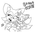  bat beau_skunk black_and_white blush breasts canine couple cute eyes_closed female fox gloves hug male mammal miles_prower monochrome multiple_tails rouge_the_bat sega sonic_(series) sweat tail wings 