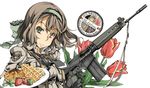  axis_powers_hetalia battle_rifle belgium_(hetalia) blush brown_hair fn_fal food fruit gloves green_eyes green_hairband gun hairband kasetsu_03 military military_uniform netherlands_(hetalia) plate rifle short_hair smile solo strawberry uniform weapon 