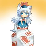  animal_ears bad_id bad_pixiv_id blue_dress blue_eyes blue_hair blush bottle chibi dog_ears dog_tail dress expressive_clothes hat kamishirasawa_keine kemonomimi_mode long_hair minigirl rebecca_(keinelove) sitting solo tail touhou 