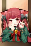  animal_ears bad_hands bell bell_collar blush braid cat_ears collar dress fang green_dress hair_ribbon kaenbyou_rin open_mouth red_eyes red_hair ribbon skull smile solo takamoto_akisa touhou twin_braids 