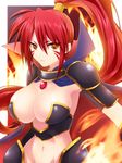  armor breasts brooch bustier cape cleavage eyebrows_visible_through_hair facial_mark fire hattori_masaki jewelry large_breasts lingerie long_hair looking_at_viewer navel oda_nobunaga_(sengoku_otome) ponytail red_hair sengoku_otome solo tsurime underwear yellow_eyes 