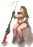  armor bikini_armor breasts brown_hair copyright_request gauntlets highres large_breasts polearm red_eyes rock short_hair simple_background solo spear weapon zarusobababa 