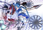  armband back-to-back blue_eyes cape daniyyel+jennifer dual_wielding gloves holding kanata_ryou long_hair magical_girl mahou_shoujo_madoka_magica miki_sayaka multiple_girls polearm ponytail railroad_tracks red_hair sakura_kyouko sebastians_(madoka_magica) short_hair spear sword television thighhighs weapon wheel zettai_ryouiki 