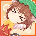  &gt;_&lt; :3 animal_ears bad_id bad_pixiv_id border bow brown_hair bubble cat_ears cat_tail chen chibi chinese_clothes closed_eyes earrings fang hat jewelry long_sleeves multiple_tails nagatani_sen solo tail touhou x3 