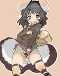  animal_ears backpack bag black_eyes black_hair black_panties bunny_ears bunny_tail covering covering_crotch dress hiruma_andon inaba_tewi kneehighs legs panties pantyshot short_hair side-tie_panties solo tail touhou underwear upskirt 