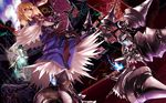  alice_margatroid armor armored_dress bare_shoulders blonde_hair book capelet doll dress dutch_angle gauntlets glowing glowing_eyes green_eyes hairband highres karlwolf knight lance magic_circle polearm shanghai_doll short_hair sleeveless solo tapestry touhou weapon 