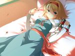  alice_margatroid bed blonde_hair blue_eyes book capelet expressionless hairband highres hinohoshi_ataru leaf looking_at_viewer lying maple_leaf on_back short_hair solo touhou wallpaper 