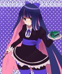  artist_request black_dress blue_nails bow cake dress food fork long_hair multicolored_hair nail_polish panty_&amp;_stocking_with_garterbelt pantyhose pastry purple_legwear solo stocking_(psg) striped striped_legwear two-tone_hair very_long_hair 