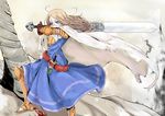  armor armored_dress bad_id bad_pixiv_id belt blonde_hair blood blue_eyes boots cape dagger final_fantasy final_fantasy_tactics gauntlets gloves huge_weapon iwamasama knight_(fft) long_hair solo sword weapon 