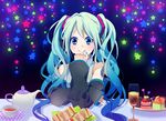  alcohol aqua_eyes aqua_hair bad_id bad_pixiv_id cake champagne cup detached_sleeves drinking_glass food hatsune_miku long_hair looking_at_viewer nagi_kanami pov_across_table sandwich smile solo star teacup teapot twintails vocaloid wine_glass 