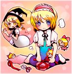  alice_margatroid blonde_hair blue_eyes blush bow capelet doll dress gift hair_bow hair_ribbon hairband kirisame_marisa koro_(artist) multiple_girls ribbon scissors smile thinking tongue touhou yellow_eyes 