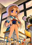  blue_eyes brown_hair casual desk dress from_below globe hat kurosu_tsugutoshi long_hair no_socks nonohara_yui sailor_dress school_desk sitting solo telescope tsuki_wa_higashi_ni_hi_wa_nishi_ni 