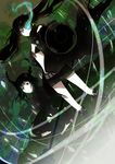  arm_cannon bad_id bad_pixiv_id bikini_top black_hair black_rock_shooter black_rock_shooter_(character) blue_eyes boots coat dead_master glowing glowing_eyes green_eyes horns koshaku long_hair multiple_girls smile twintails weapon 