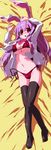  animal_ears bikini black_legwear breasts bunny_ears dakimakura full_body highres large_breasts long_hair miuku_(marine_sapphire) open_clothes open_shirt purple_hair red_eyes reisen_udongein_inaba shirt side-tie_bikini solo swimsuit thighhighs touhou 