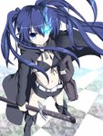  arm_cannon bad_id bad_pixiv_id bikini_top black_hair black_rock_shooter black_rock_shooter_(character) blue_eyes boots burning_eye chorin coat long_hair midriff navel pale_skin scar shorts solo sword twintails weapon 