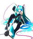  absurdres aqua_eyes aqua_hair aqua_nails bad_id bad_pixiv_id cable colorized detached_sleeves foreshortening hatsune_miku highres ishigaki_takahiro legs long_hair microphone microphone_stand nail_polish necktie skirt smile solo thighhighs twintails very_long_hair vocaloid 