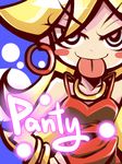  :p blonde_hair blue_eyes blush_stickers bracelet dress earrings english hands_on_hips jewelry long_hair necklace official_style panty_&amp;_stocking_with_garterbelt panty_(psg) red_dress smile solo text_focus tom_(drpow) tongue tongue_out 