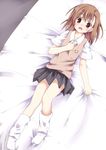  bed brown_eyes brown_hair flower hair_flower hair_ornament kue loose_socks lying misaka_mikoto on_back school_uniform short_hair socks solo sweater_vest to_aru_kagaku_no_railgun to_aru_majutsu_no_index 