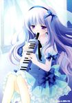  absurdres blush bow copyright_request dress hair_bow hairband highres indoors instrument keyboard_(instrument) long_hair melodica non-web_source purple_eyes sakurazawa_izumi solo very_long_hair window 
