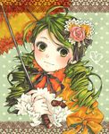  :3 bow dress drill_hair flower frills green_eyes green_hair hair_flower hair_ornament highres iris_(riba) kanaria long_hair ribbon rozen_maiden solo traditional_media umbrella 