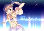  :d armpits bra breasts brown_eyes brown_hair center_opening cleavage collar foreshortening futami_mami idolmaster idolmaster_(classic) idolmaster_2 lingerie long_hair medium_breasts midriff navel number23 open_mouth pink_diamond_765 pointing shorts side_ponytail smile solo suspenders underwear vest 