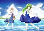  absurdres alice_margatroid cloud day highres holding holding_shoes izuki_(toneya) kochiya_sanae multiple_girls shoes shoes_removed touhou water 