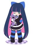  aqua_eyes bad_id bad_pixiv_id black_hair doll doll_hug dress honekoneko_(psg) long_hair meiro_(yuu) official_style panty_&amp;_stocking_with_garterbelt simple_background smile solo stocking_(psg) striped striped_legwear stuffed_animal stuffed_cat stuffed_toy thighhighs 