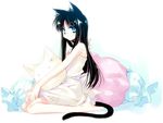  animal_ears barefoot black_hair blue_eyes cat_ears cat_tail long_hair motomiya_mitsuki original pillow sitting sketch solo tail wariza 