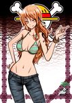  bad_id bad_pixiv_id bangle bikini_top bracelet denim hand_on_hip hymir jeans jewelry log_pose long_hair lowleg lowleg_pants nami_(one_piece) navel one_piece orange_hair pants solo straw_hats_jolly_roger tattoo 