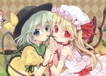  alternate_costume annoyed argyle argyle_background bare_shoulders blonde_hair blue_eyes blush chibi curly_hair fang fingernails flandre_scarlet food green_eyes hat hat_ribbon holding_hands komeiji_koishi komeiji_satori lace long_fingernails long_hair looking_at_viewer minamura_haruki multiple_girls peeking pocky pocky_kiss red_eyes remilia_scarlet ribbon shared_food silver_hair touhou wings wrist_ribbon 