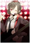  bad_id bad_pixiv_id bass_guitar blush brown_hair formal grin hat instrument looking_at_viewer mouth_hold necktie one_eye_closed plectrum pun2 red_eyes shameimaru_aya short_hair smile solo suit tokin_hat touhou 