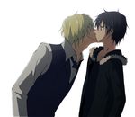  bad_id bad_pixiv_id bartender black_hair blonde_hair bow brown_eyes coat durarara!! heiwajima_shizuo kiss male_focus multiple_boys orihara_izaya surprised yaoi 