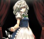  blue_eyes braid card circlek curtains falling_card hair_ribbon holding holding_card izayoi_sakuya maid maid_headdress playing_card ribbon silver_hair solo touhou twin_braids 