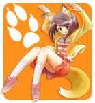  animal_ears anyamal_tantei_kirumin_zoo arms_up bad_id bad_pixiv_id brown_eyes brown_hair casual fox_ears fox_tail grin long_hair miyabe_kasumi nyama pose shoes short_hair smile sneakers socks solo tail 