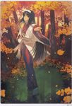  aikura_chihiro black_hair blue_eyes hairband highres japanese_clothes kimono leaf long_hair maple_leaf non-web_source outstretched_arm outstretched_hand solo toono_akiha tree tsukihime water 