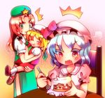  blush cake chair closed_eyes eating fang flandre_scarlet food fruit hat hong_meiling koro_(artist) mob_cap multiple_girls open_mouth remilia_scarlet shoes sitting slice_of_cake socks strawberry strawberry_shortcake table tears touhou 