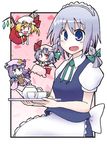  apron book chibi crescent cup demon_wings dress flandre_scarlet hair_ribbon hat izayoi_sakuya kari_(karinimooreha) maid maid_headdress multiple_girls open_mouth patchouli_knowledge remilia_scarlet ribbon smile teacup teapot touhou tray wings 