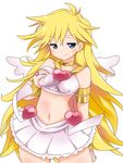  angel_wings bad_id bad_pixiv_id blonde_hair blue_eyes breasts earrings jewelry long_hair medium_breasts meiro_(yuu) midriff navel panty_&amp;_stocking_with_garterbelt panty_(psg) simple_background skirt smile solo wings 