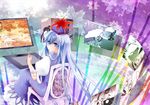  blue_eyes blue_hair chair drawing drawing_tablet fujiwara_no_mokou hat houraisan_kaguya kamishirasawa_keine long_hair looking_back no_nose picture_(object) pping sitting smile solo stylus touhou very_long_hair 