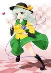  blouse bow checkered checkered_floor green_eyes green_hair hat hat_ribbon heart heart_of_string highres hiroro komeiji_koishi long_hair open_mouth ribbon skirt smile solo symbol-shaped_pupils third_eye touhou 