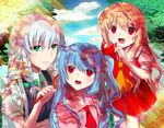  alternate_hair_length alternate_hairstyle bad_id bad_pixiv_id blonde_hair blue_hair chirosuke day fang flandre_scarlet green_eyes hair_brush hair_brushing hair_down hairdressing happy izayoi_sakuya long_hair multiple_girls no_hat no_headwear outdoors red_eyes remilia_scarlet ribbon silver_hair smile touhou 