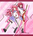  angel_beats! ankle_lace-up boots cofi_(eternal) cross cross-laced_footwear electric_guitar guitar hair_ribbon instrument iwasawa long_hair microphone microphone_stand multiple_girls one_eye_closed pink_eyes pink_hair pleated_skirt red_eyes red_hair ribbon school_uniform serafuku short_hair skirt sleeves_rolled_up smile thigh_strap yui_(angel_beats!) 