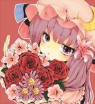  :&lt; artist_name bangs blush bouquet capelet closed_mouth crescent dated eyebrows_visible_through_hair eyelashes flower frills hair_flower hair_ornament hat jitome long_hair looking_at_viewer mob_cap niji_(nijioki) outline patchouli_knowledge pink_flower pink_hat pout purple_eyes purple_flower purple_hair red_flower red_rose ribbon rose solo touhou upper_body white_outline 