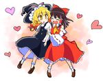  ascot blonde_hair blush bow braid brown_hair closed_eyes detached_sleeves dress hair_bow hakurei_reimu hat heart kari_(karinimooreha) kirisame_marisa loafers multiple_girls open_mouth ribbon shoes smile touhou witch_hat yellow_eyes 