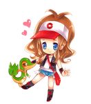  bad_id bad_pixiv_id bag baseball_cap blue_eyes boots brown_hair chibi denim denim_shorts exposed_pocket gen_5_pokemon hat highres pokemon pokemon_(creature) pokemon_(game) pokemon_bw ponytail shira_ichigo_(ichigohou) shorts smile snivy touko_(pokemon) vest wristband 