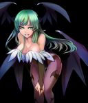  animal_print bare_shoulders bat_print breasts bridal_gauntlets cleavage demon_wings green_eyes green_hair grin head_wings kaida_michi large_breasts leaning_forward legs long_hair morrigan_aensland pantyhose print_legwear simple_background smile solo thighs vampire_(game) wings 