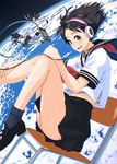  black_eyes black_hair cellphone chair earth floating headphones iphone legs midriff multiple_girls nanahime orbit original phone pleated_skirt school_uniform serafuku sitting skirt smartphone space 